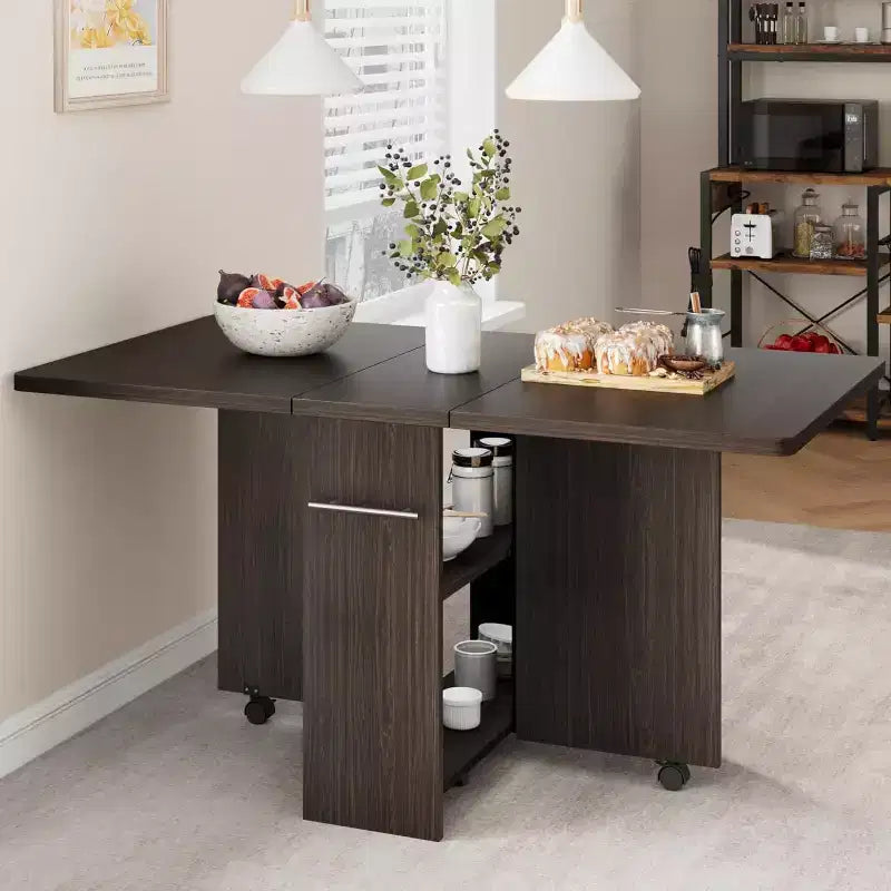 Folding Dining Table, Space Saving Farmhouse Dining Table for 4 Storage Shelf, 6 Wheels Multipose Expandable Kitchen Drop Leaf Table for Small Space
