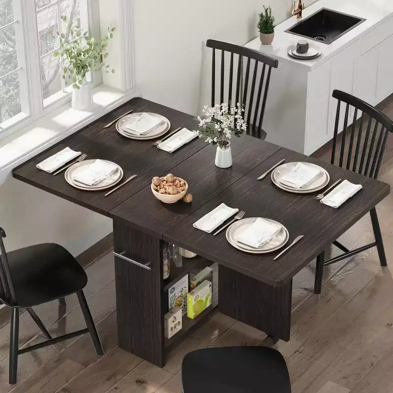 Folding Dining Table, Space Saving Farmhouse Dining Table for 4 Storage Shelf, 6 Wheels Multipose Expandable Kitchen Drop Leaf Table for Small Space