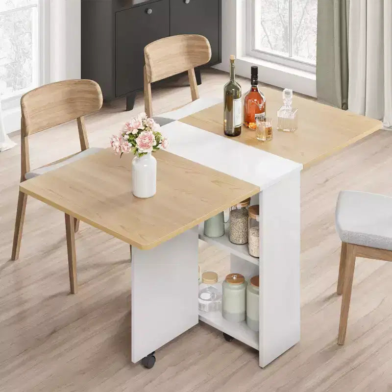 Folding Dining Table, Space Saving Farmhouse Dining Table for 4 Storage Shelf, 6 Wheels Multipose Expandable Kitchen Drop Leaf Table for Small Space