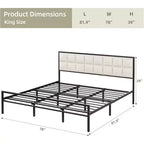 Letto matrimoniale in metallo imbottito King con testiera impunturata a quadri, letto a piattaforma in ecopelle con supporto a doghe in acciaio, sommier a molle opzionale, beige