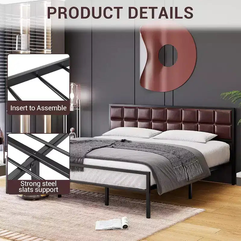 Letto matrimoniale in metallo imbottito King con testiera impunturata a quadri, letto a piattaforma in ecopelle con supporto a doghe in acciaio, sommier a molle opzionale, beige