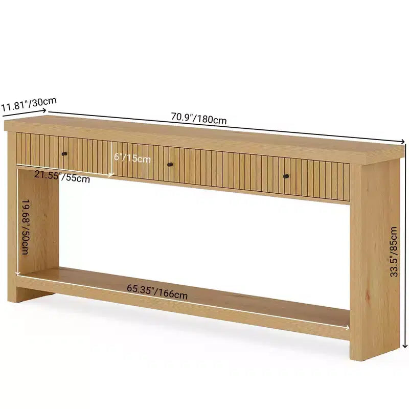 Consolle, Tavolo da divano lungo in legno con 3 cassetti