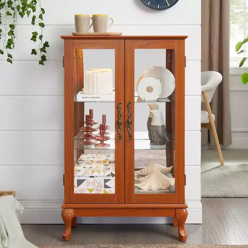 2-Door Curio Cabinet with Tempered Glass Doors, Mirrored Back Panel, Adjustable Shelves, and Light for Home