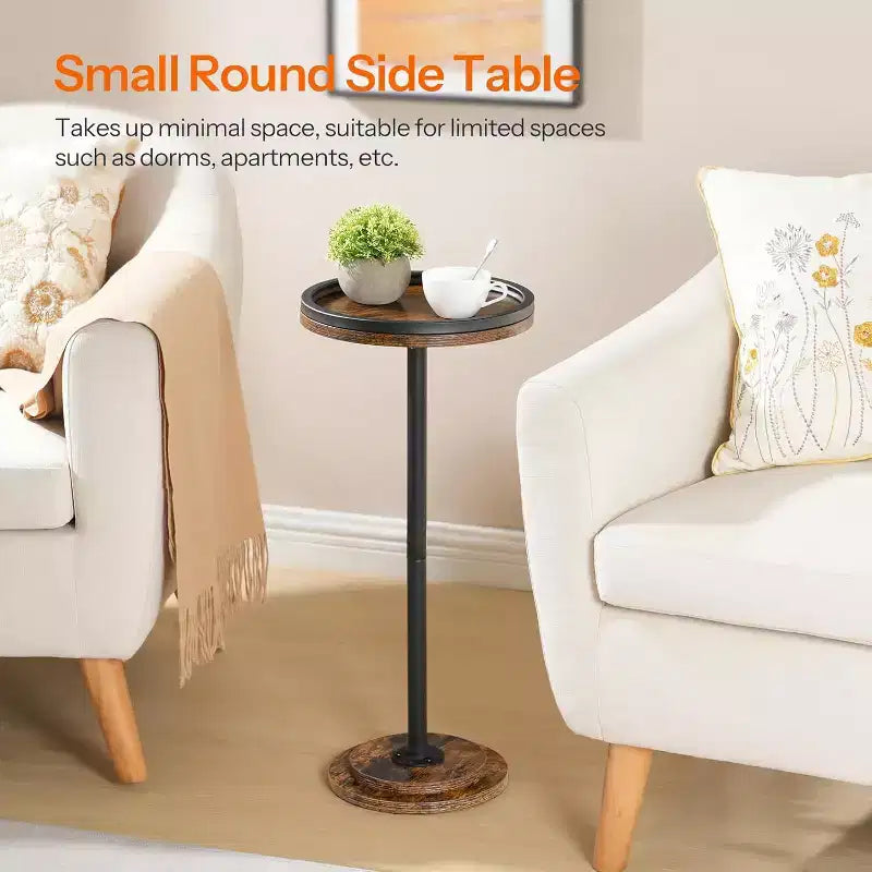 Small Round Side Table, Drink/Coffee Martini Table with Pedestal Accent, Rustic Brown End Table for Small Spaces