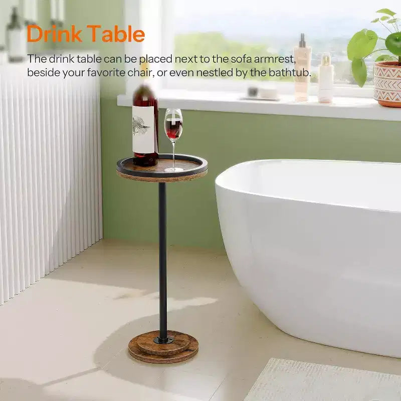 Small Round Side Table, Drink/Coffee Martini Table with Pedestal Accent, Rustic Brown End Table for Small Spaces