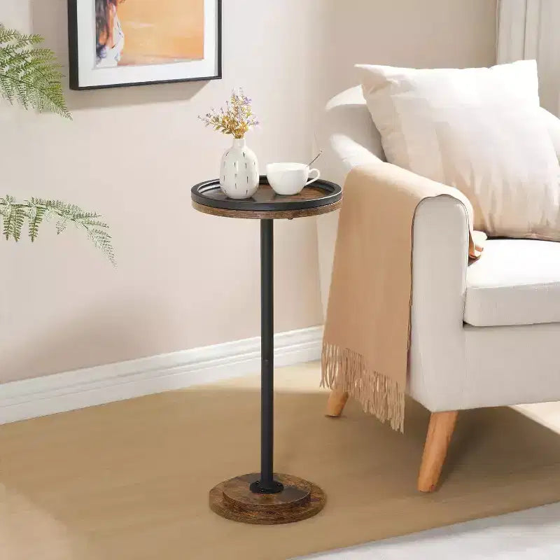 Small Round Side Table, Drink/Coffee Martini Table with Pedestal Accent, Rustic Brown End Table for Small Spaces