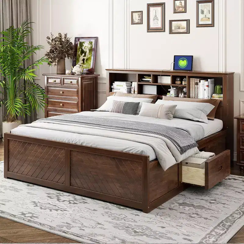 Letto a piattaforma King Size in legno con testiera multi-contenitore, USB e cassetti, facile da montare
