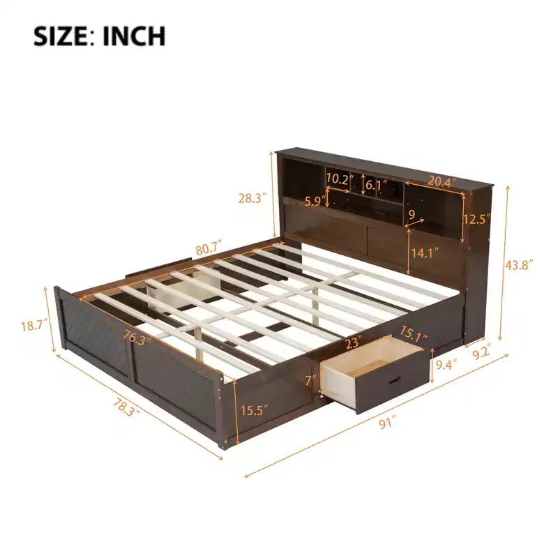 Letto a piattaforma King Size in legno con testiera multi-contenitore, USB e cassetti, facile da montare