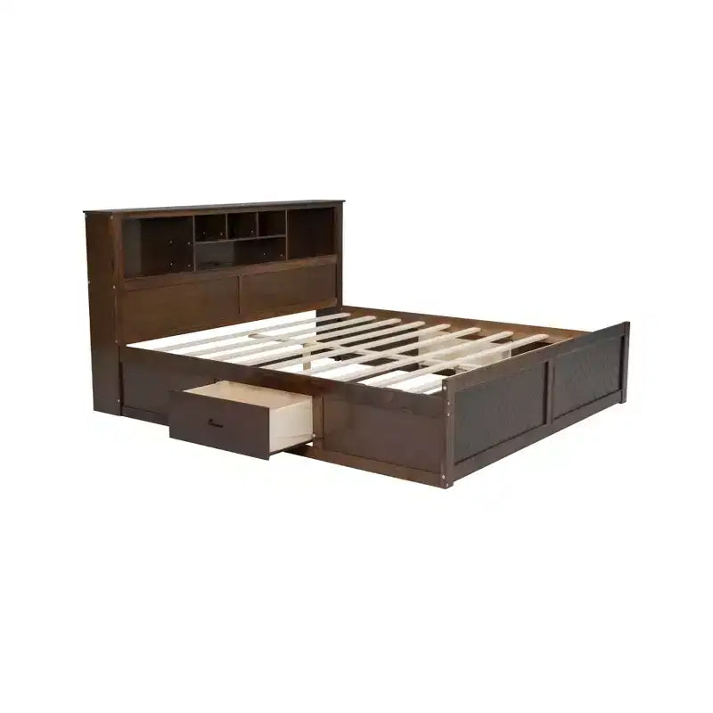 Letto a piattaforma King Size in legno con testiera multi-contenitore, USB e cassetti, facile da montare