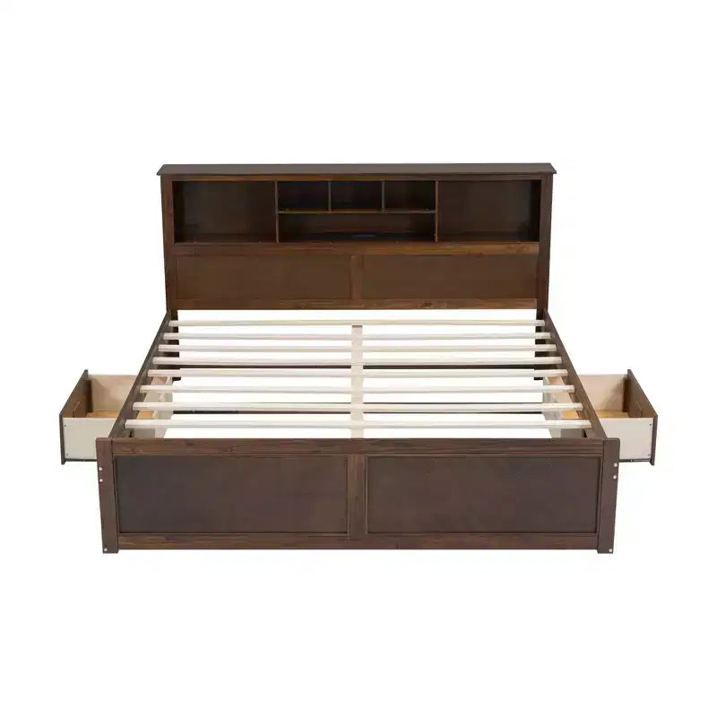 Letto a piattaforma King Size in legno con testiera multi-contenitore, USB e cassetti, facile da montare