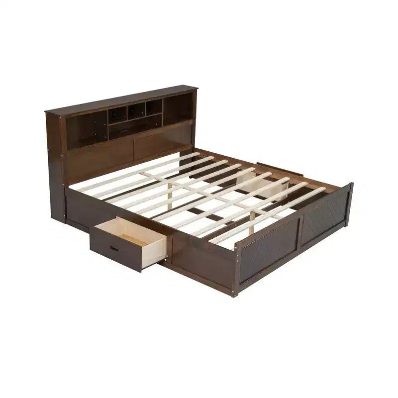 Letto a piattaforma King Size in legno con testiera multi-contenitore, USB e cassetti, facile da montare