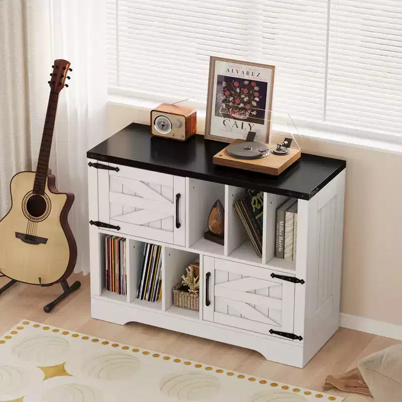 Mobile Contenitore per Vinili Grande, Contiene Oltre 450 Album, Supporto per Giradischi in Legno Stile Fattoria da 99 cm con Ante a Scorrimento, Console Multimediale per Soggiorno