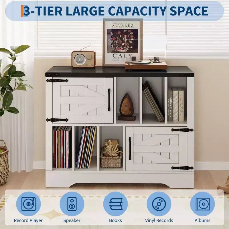 Mobile Contenitore per Vinili Grande, Contiene Oltre 450 Album, Supporto per Giradischi in Legno Stile Fattoria da 99 cm con Ante a Scorrimento, Console Multimediale per Soggiorno