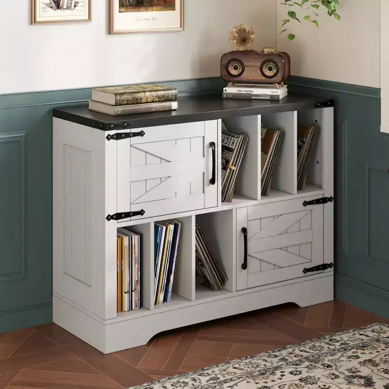Mobile Contenitore per Vinili Grande, Contiene Oltre 450 Album, Supporto per Giradischi in Legno Stile Fattoria da 99 cm con Ante a Scorrimento, Console Multimediale per Soggiorno