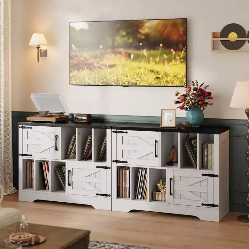 Mobile Contenitore per Vinili Grande, Contiene Oltre 450 Album, Supporto per Giradischi in Legno Stile Fattoria da 99 cm con Ante a Scorrimento, Console Multimediale per Soggiorno