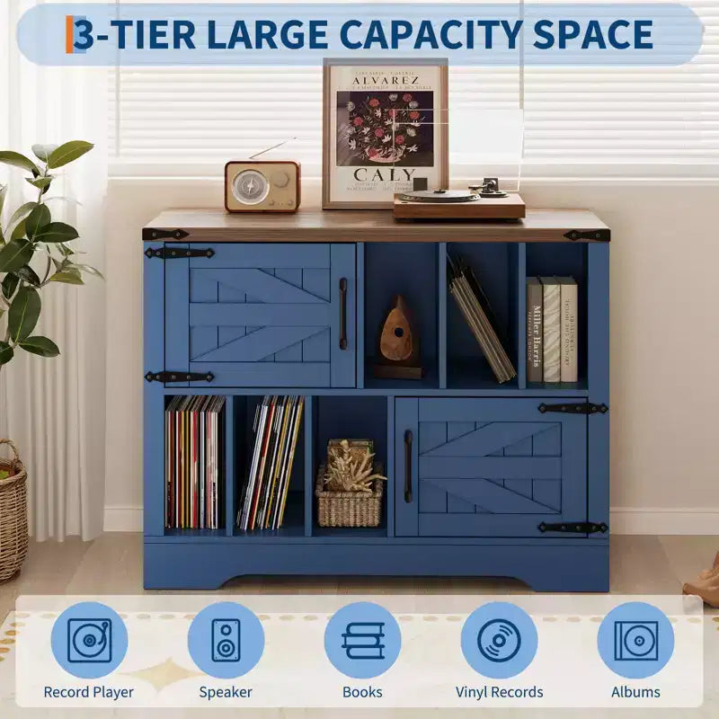 Mobile Contenitore per Vinili Grande, Contiene Oltre 450 Album, Supporto per Giradischi in Legno Stile Fattoria da 99 cm con Ante a Scorrimento, Console Multimediale per Soggiorno