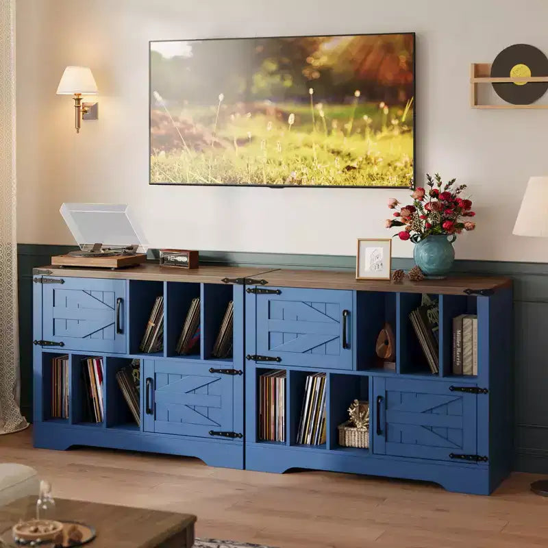 Mobile Contenitore per Vinili Grande, Contiene Oltre 450 Album, Supporto per Giradischi in Legno Stile Fattoria da 99 cm con Ante a Scorrimento, Console Multimediale per Soggiorno