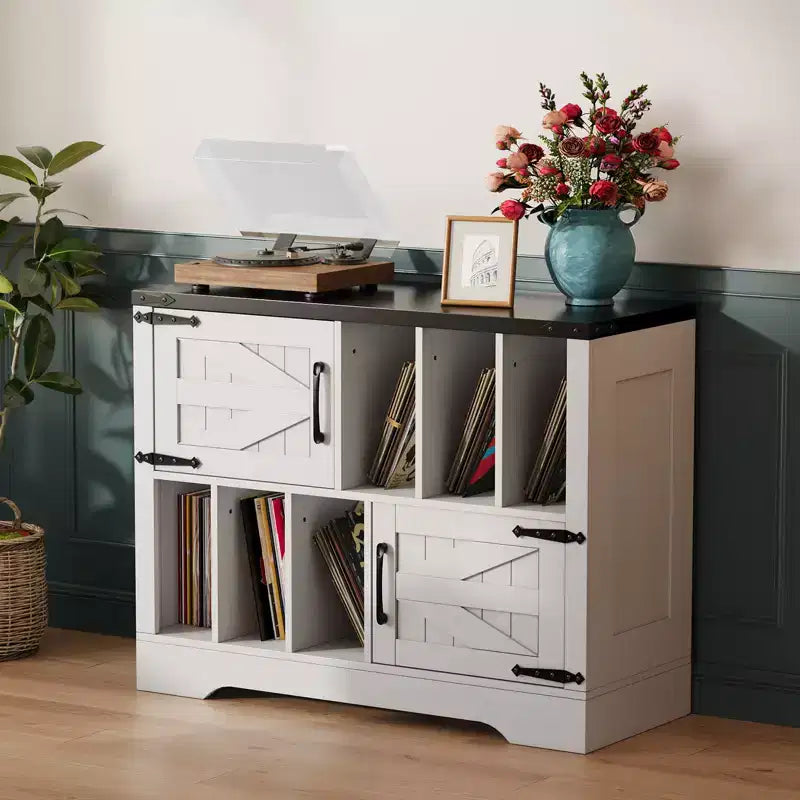 Mobile Contenitore per Vinili Grande, Contiene Oltre 450 Album, Supporto per Giradischi in Legno Stile Fattoria da 99 cm con Ante a Scorrimento, Console Multimediale per Soggiorno