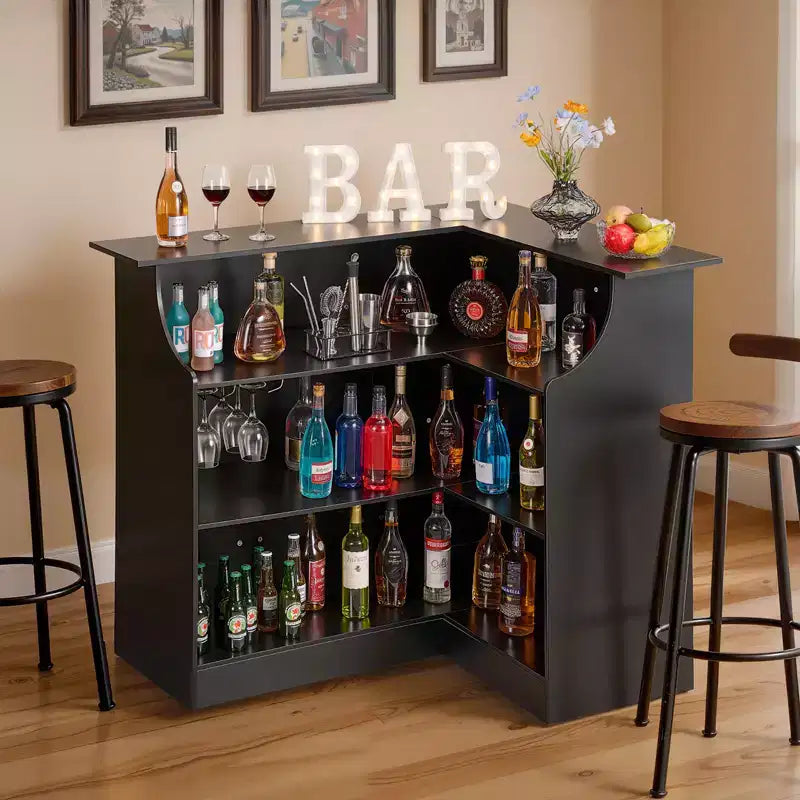 Mobile Bar, Angolo Bar a L con 4 Ripiani, Porta Bicchieri da Vino, Capacità Massima 136 kg, Mobile Portabottiglie in Legno, Nero