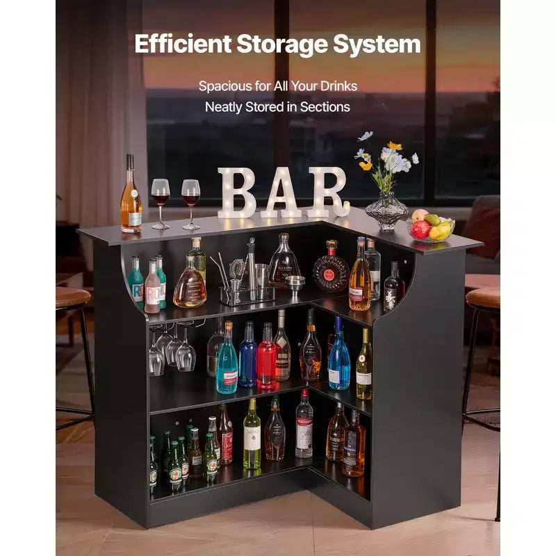 Mobile Bar, Angolo Bar a L con 4 Ripiani, Porta Bicchieri da Vino, Capacità Massima 136 kg, Mobile Portabottiglie in Legno, Nero