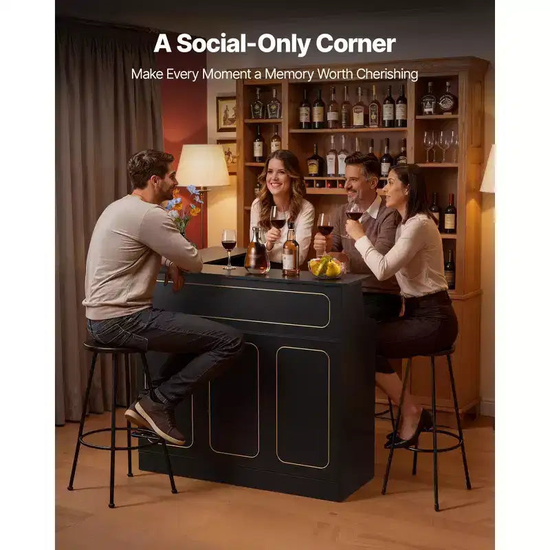 Mobile Bar, Angolo Bar a L con 4 Ripiani, Porta Bicchieri da Vino, Capacità Massima 136 kg, Mobile Portabottiglie in Legno, Nero