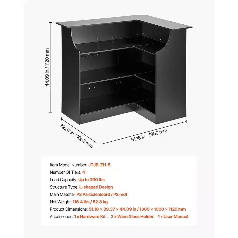 Mobile Bar, Angolo Bar a L con 4 Ripiani, Porta Bicchieri da Vino, Capacità Massima 136 kg, Mobile Portabottiglie in Legno, Nero