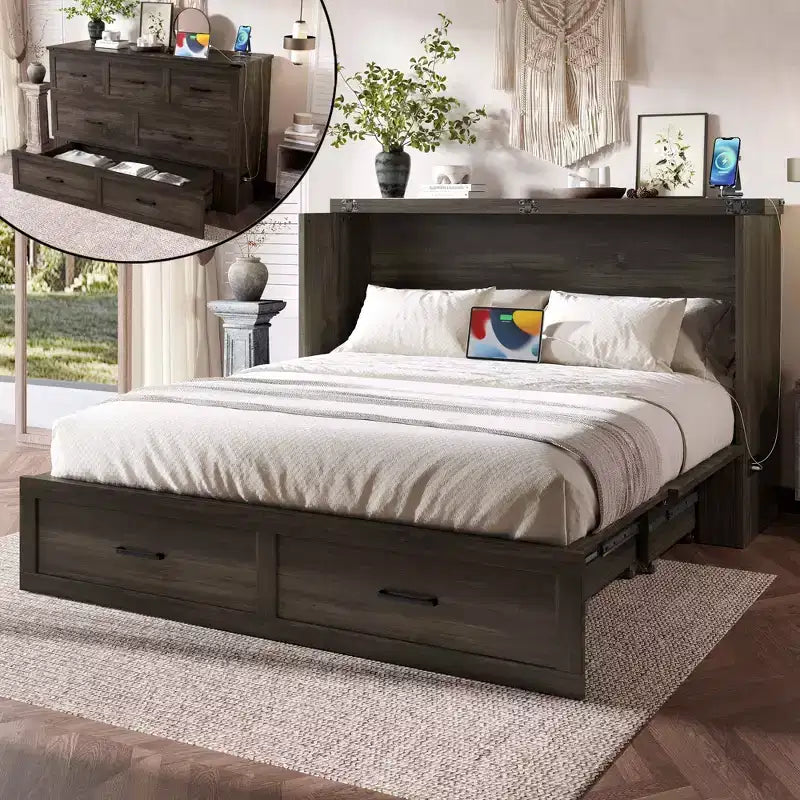 Letto a piattaforma pieghevole Queen Size con stazione di ricarica, cassetto portaoggetti, facile da montare