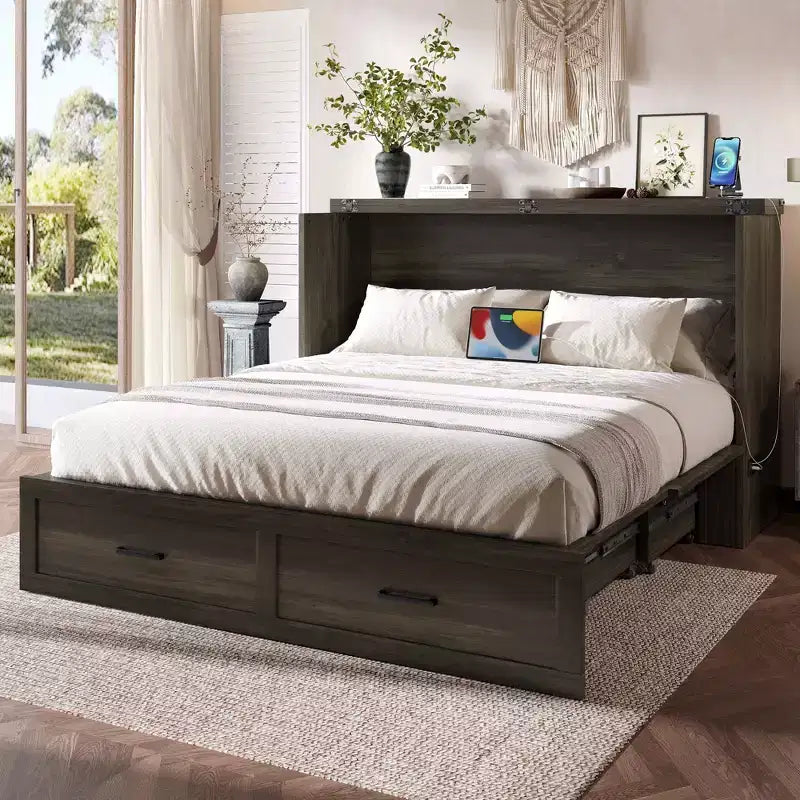 Letto a piattaforma pieghevole Queen Size con stazione di ricarica, cassetto portaoggetti, facile da montare