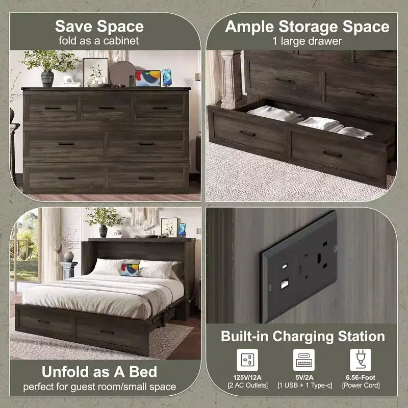 Letto a piattaforma pieghevole Queen Size con stazione di ricarica, cassetto portaoggetti, facile da montare