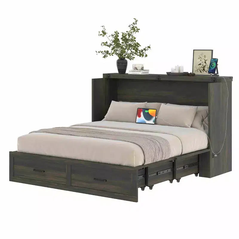 Letto a piattaforma pieghevole Queen Size con stazione di ricarica, cassetto portaoggetti, facile da montare