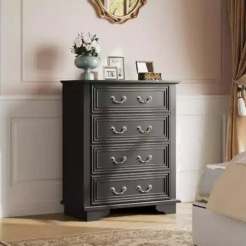 Cassettiera a 4 cassetti stile rustico per camera da letto, cassettiera alta in legno vintage da 99 cm, cassettiere piccole rustiche con gambe quadrate in legno, colore nero