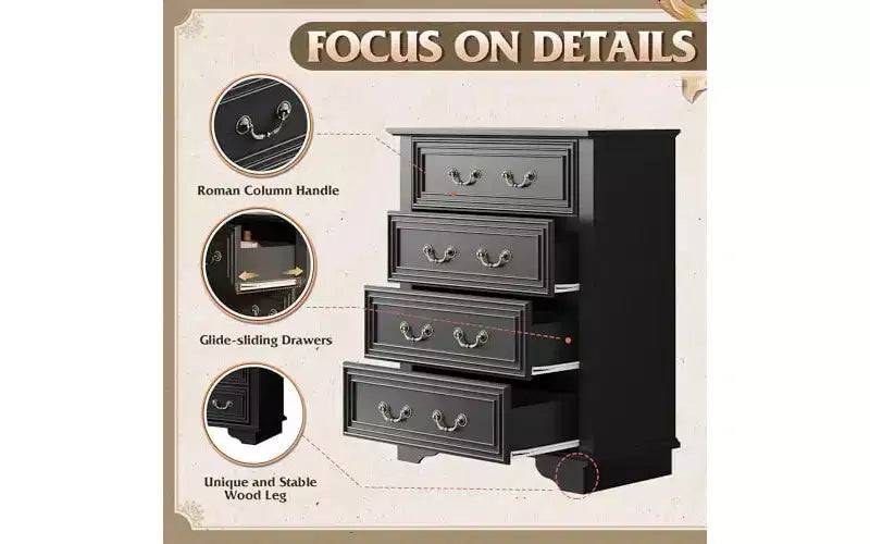 Cassettiera a 4 cassetti stile rustico per camera da letto, cassettiera alta in legno vintage da 99 cm, cassettiere piccole rustiche con gambe quadrate in legno, colore nero