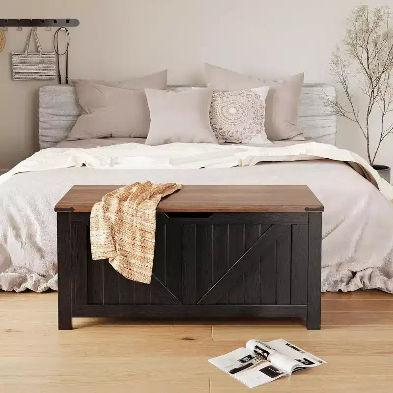 Panca Contenitore dal Design Rustico - Cassapanca con 2 Cerniere di Sicurezza, 40 x 100 x 48 cm, Ideale per Ingresso, Camera da Letto e Soggiorno