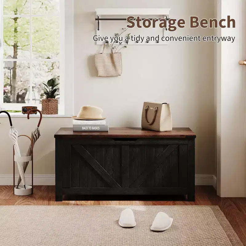 Panca Contenitore dal Design Rustico - Cassapanca con 2 Cerniere di Sicurezza, 40 x 100 x 48 cm, Ideale per Ingresso, Camera da Letto e Soggiorno