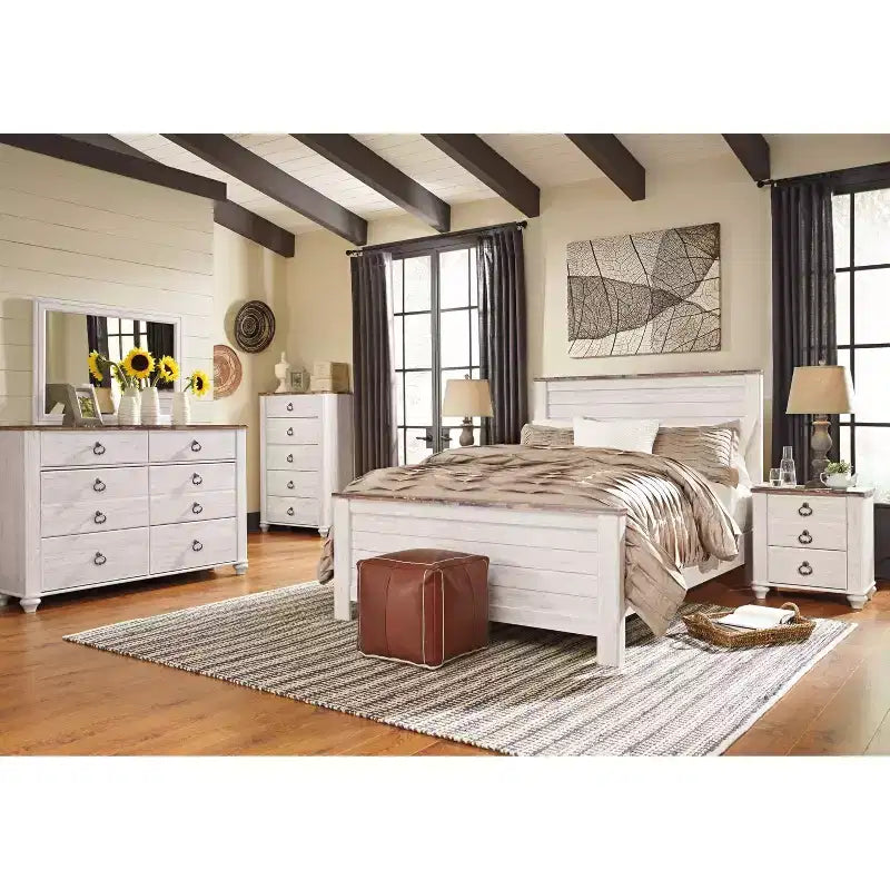 Testiera del letto Queen Willowton con pannello sbiancato: Laminato effetto legno, montata sul telaio del letto