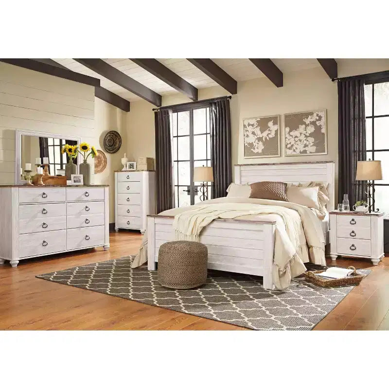 Testiera del letto Queen Willowton con pannello sbiancato: Laminato effetto legno, montata sul telaio del letto